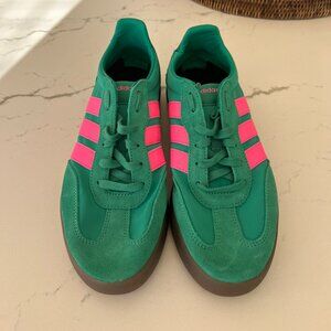 NOFB Addidas Barreda in bright green with pink Addidas stripes Ladies 9.5